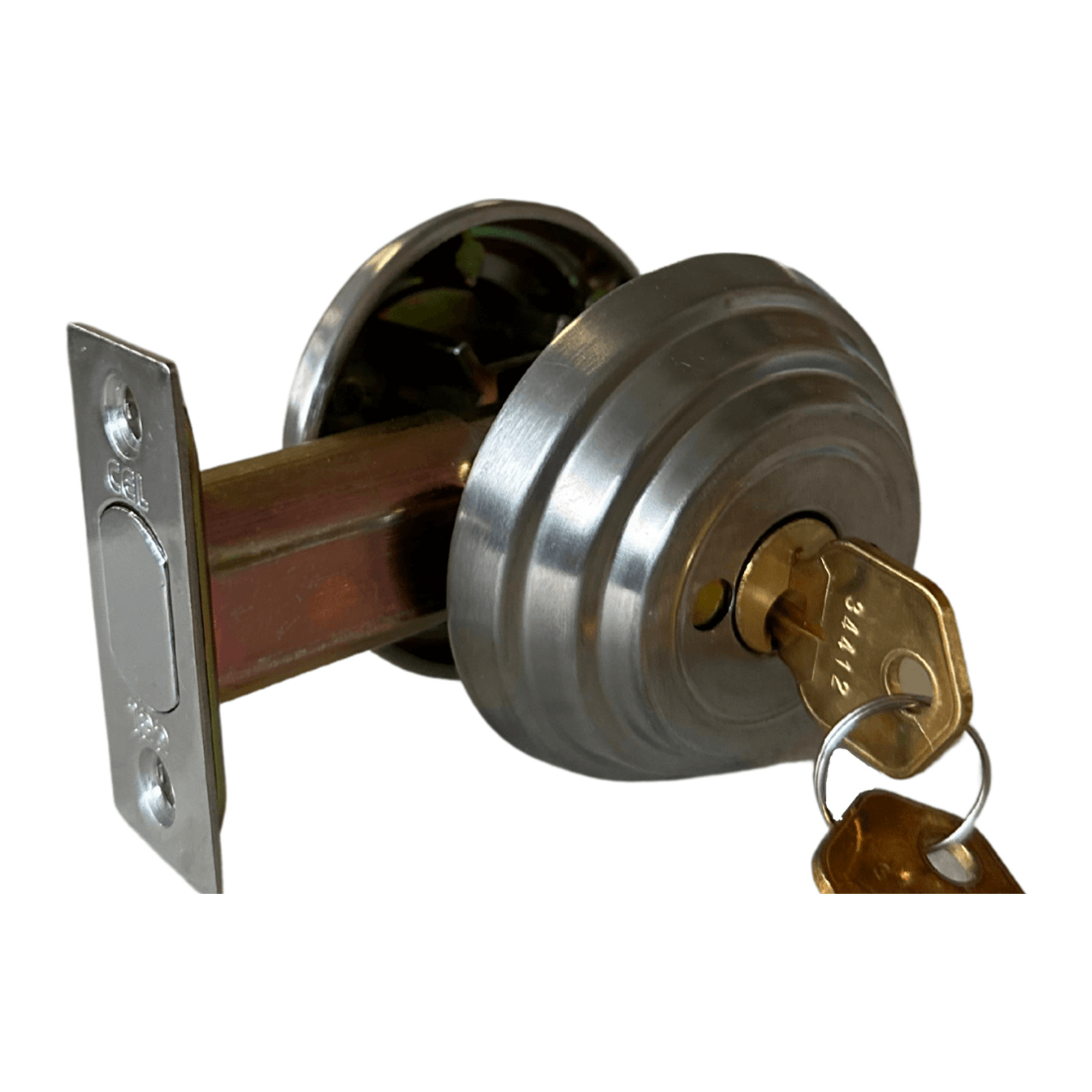 Deadbolt Double Satin Chrome, fence and gate hardware from Ironrod Steel Co. Houston TX