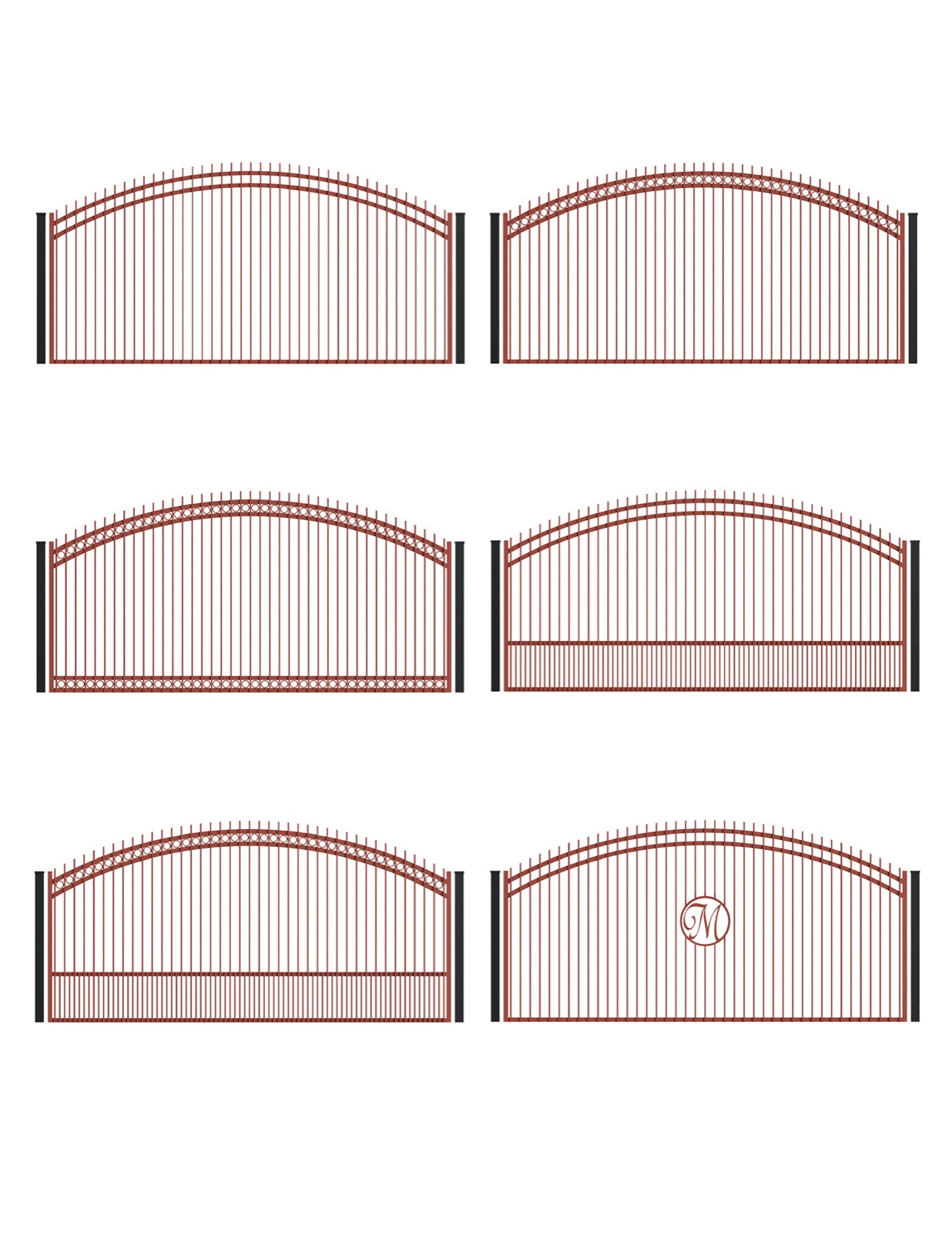 Arched steel driveway gate styles — straight and compound-arch series with ring detail and optional monogram